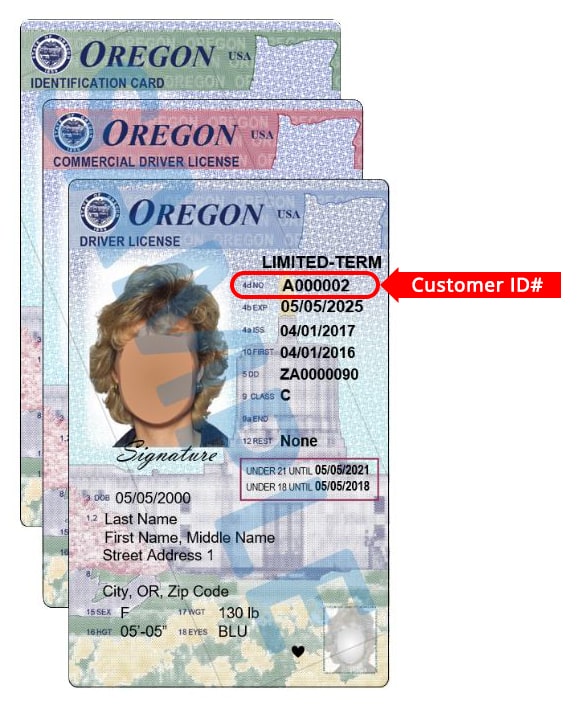 Tarjeta de identificación de Oregon mostrando dónde encontrar el Número de Identificación de Cliente - resaltado en un círculo rojo en el campo 4d de la licencia